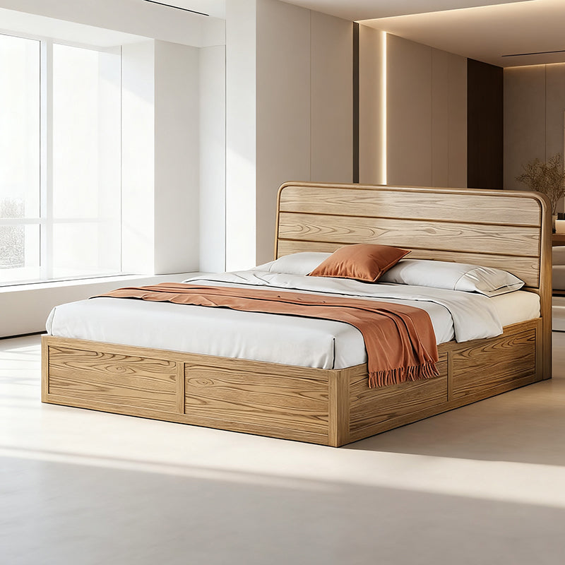 Space-Saving Rustic Bed Frame - Natural Ash Wood Lift-Top Storage Bed For Bedroom Cuvalon
