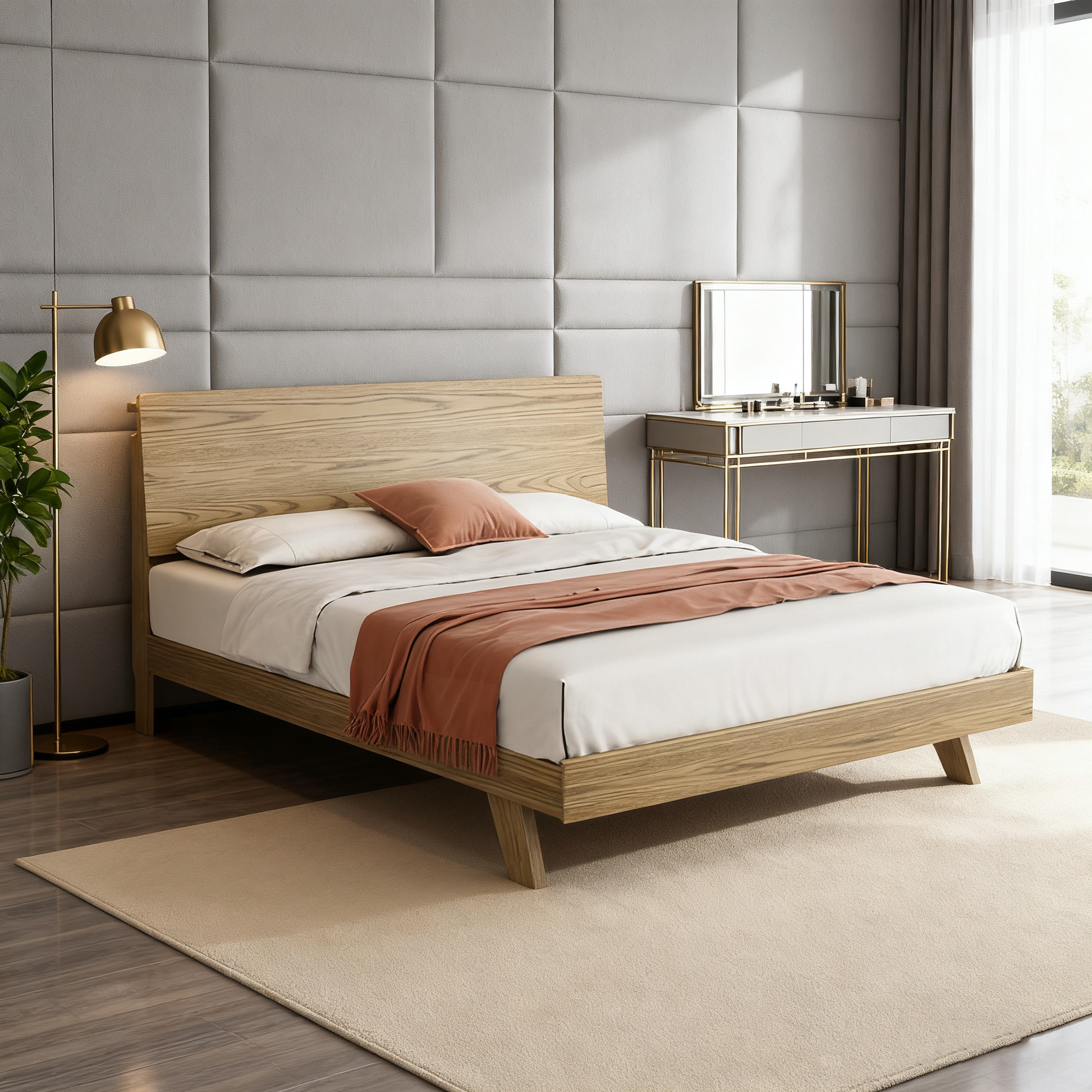 Minimalist Flush-Edge Design Bed Frame - Full Ash Wood Frame Bed For Bedroom Cuvalon