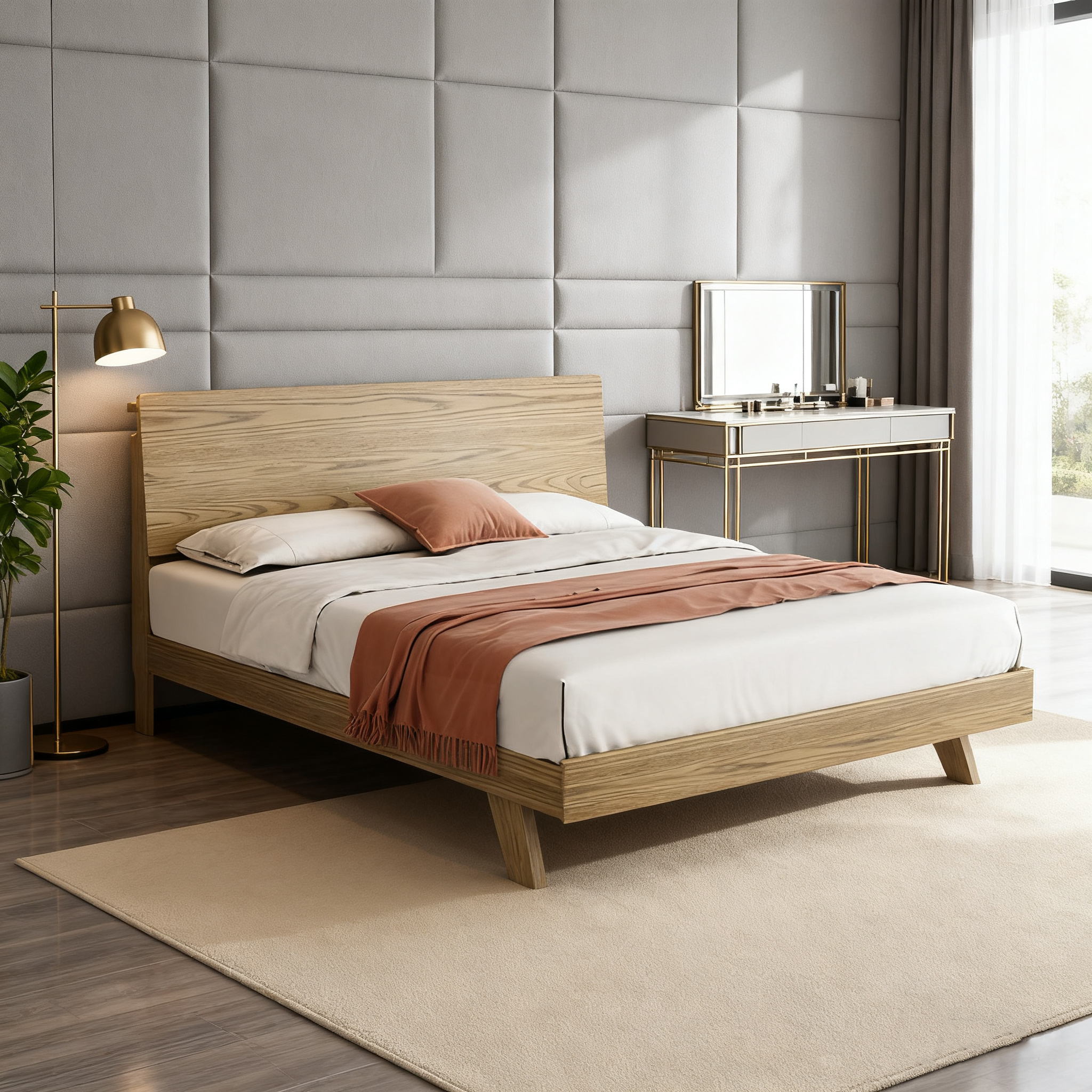 Minimalist Flush-Edge Design Bed Frame - Full Ash Wood Frame Bed For Bedroom Cuvalon