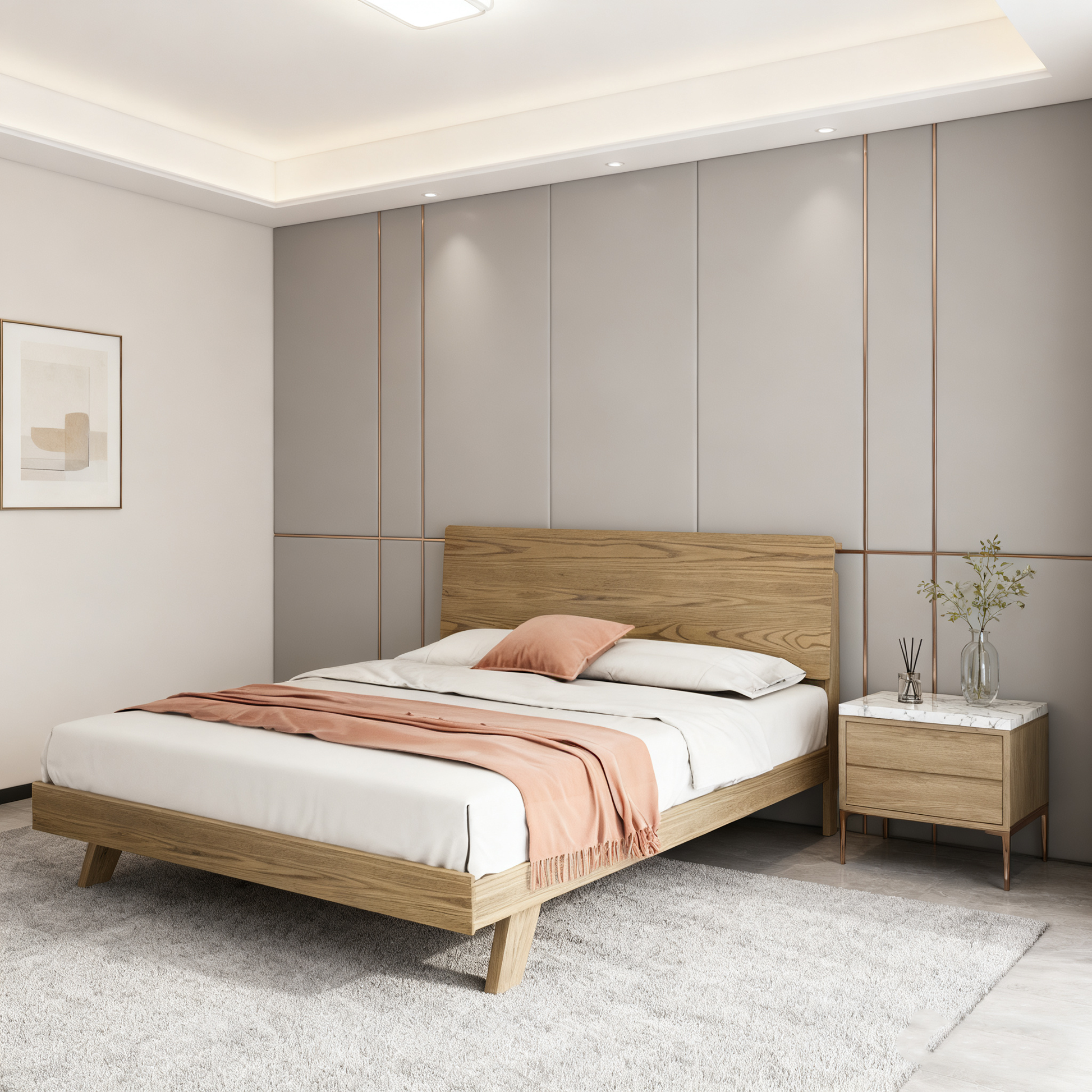 Minimalist Flush-Edge Design Bed Frame - Full Ash Wood Frame Bed For Bedroom Cuvalon