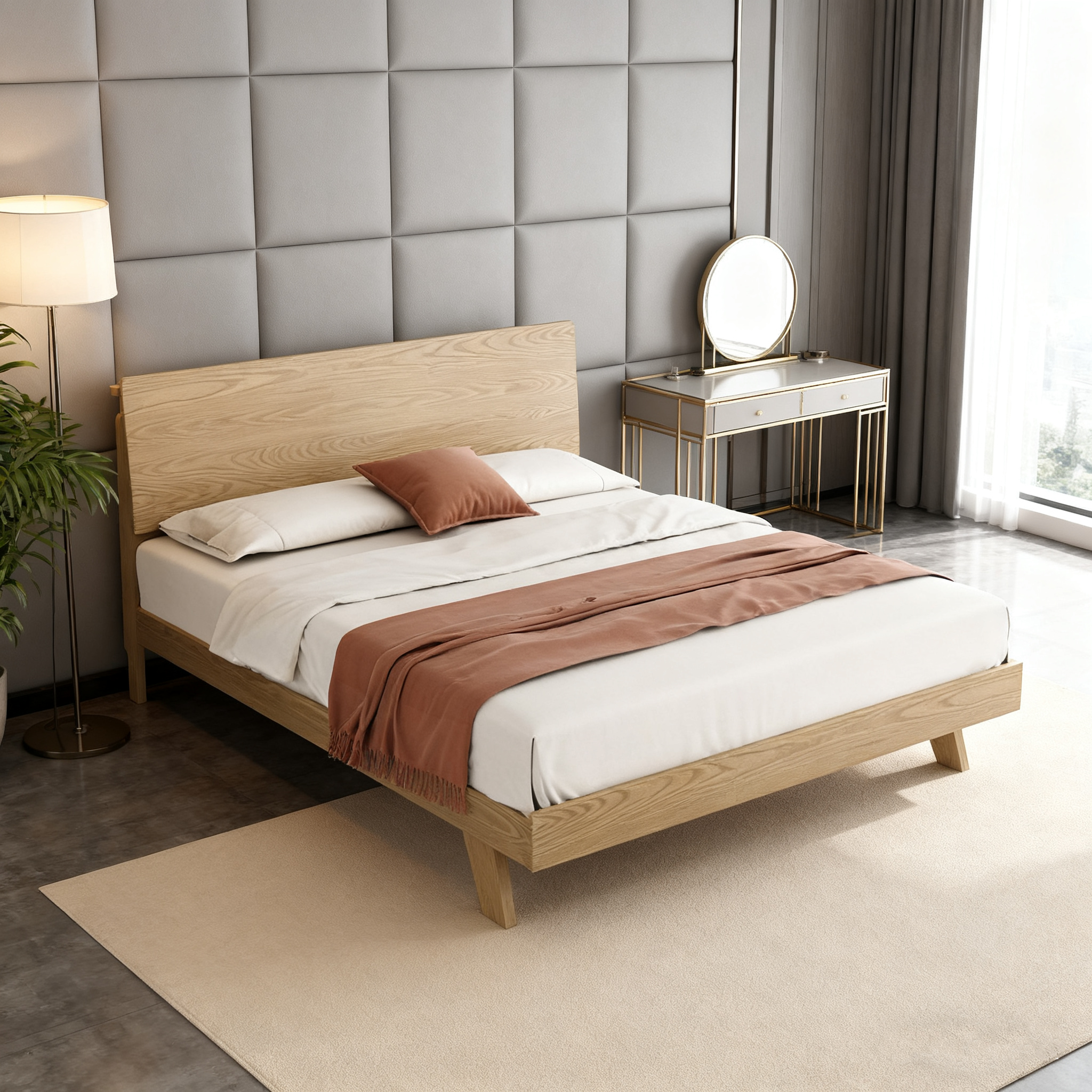 Minimalist Flush-Edge Design Bed Frame - Full Ash Wood Frame Bed For Bedroom Cuvalon