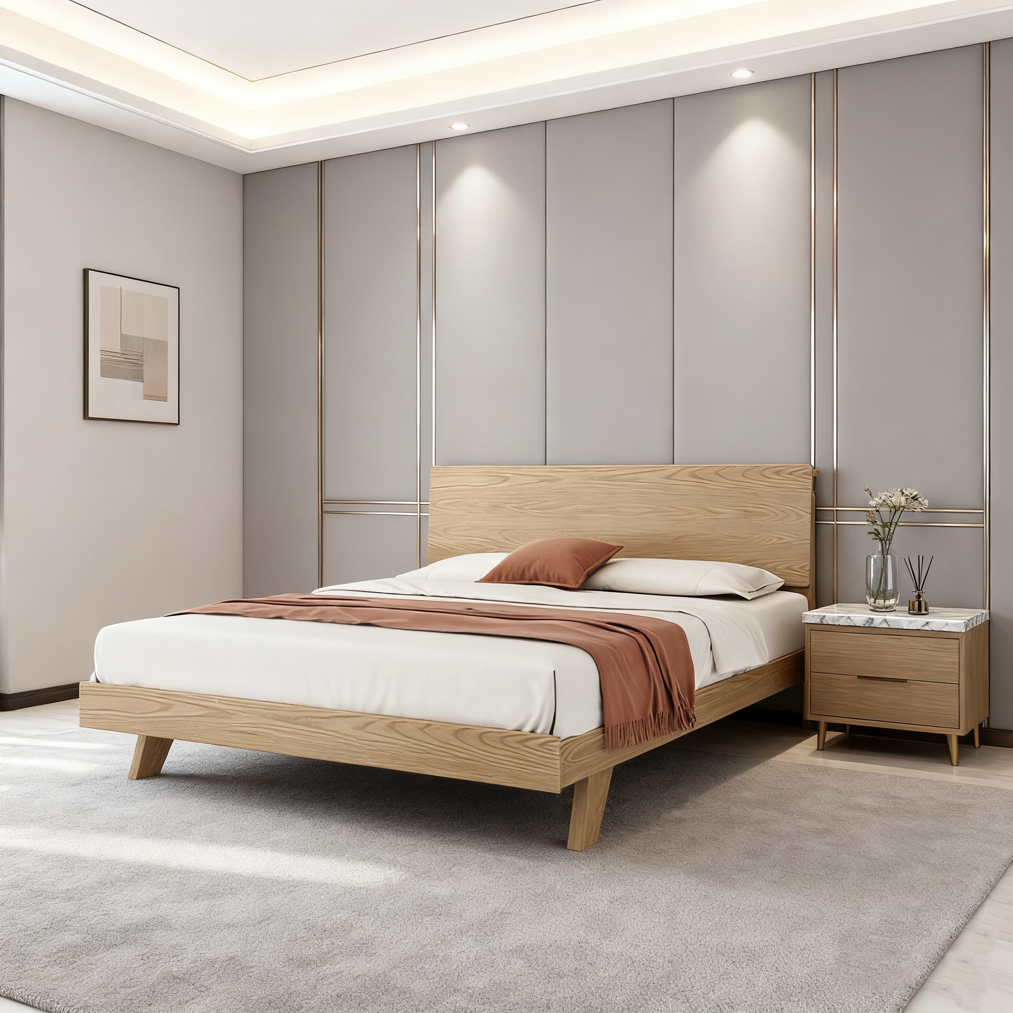 Minimalist Flush-Edge Design Bed Frame - Full Ash Wood Frame Bed For Bedroom Cuvalon