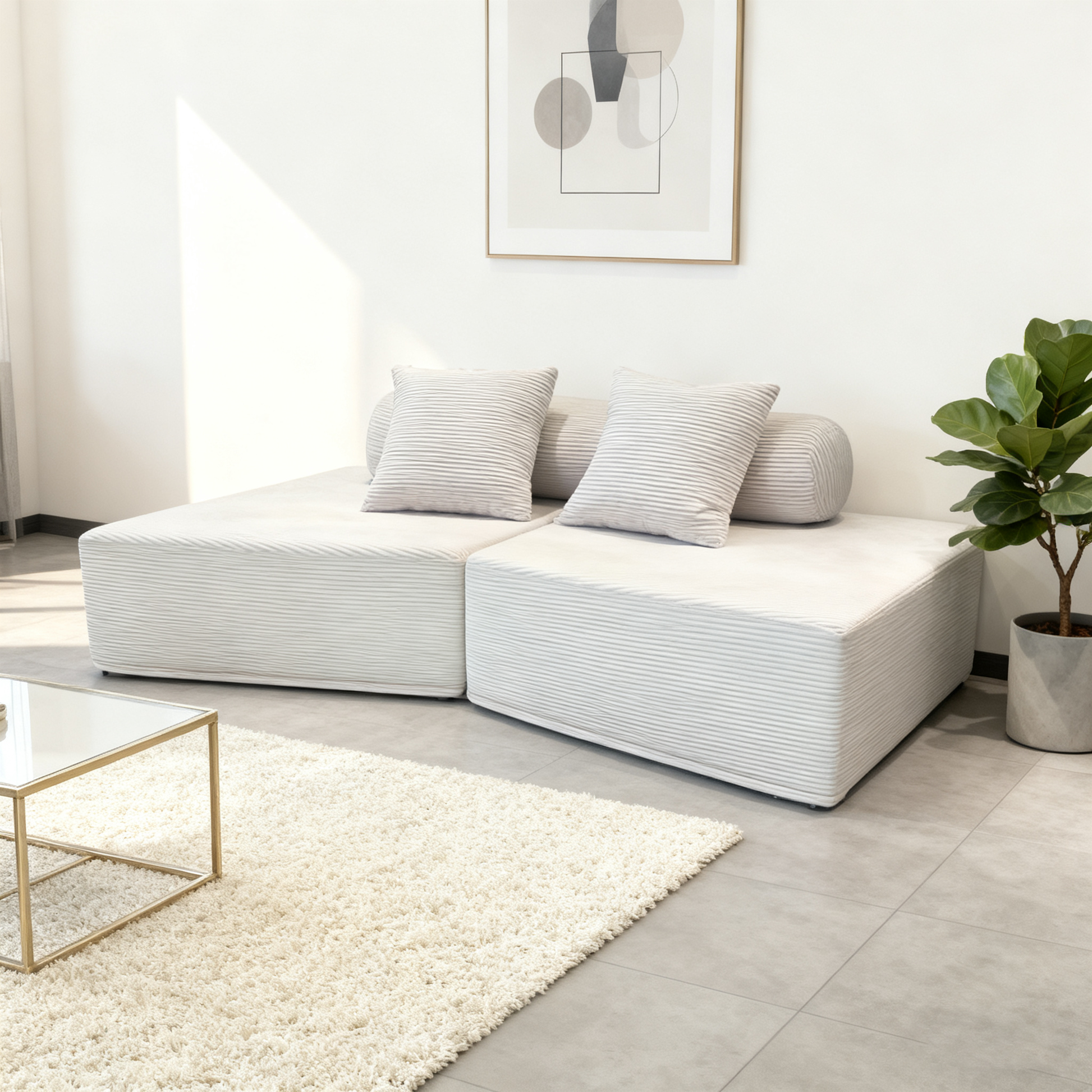 Minimalist Trapezoidal Sectional Compression Sofa - High-Density Rebound Foam Silent Frameless Corduroy Lounge Chair For Living Room Cuvalon