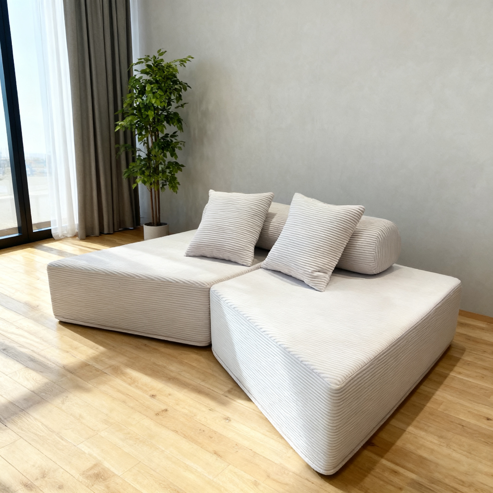 Minimalist Trapezoidal Sectional Compression Sofa - High-Density Rebound Foam Silent Frameless Corduroy Lounge Chair For Living Room Cuvalon