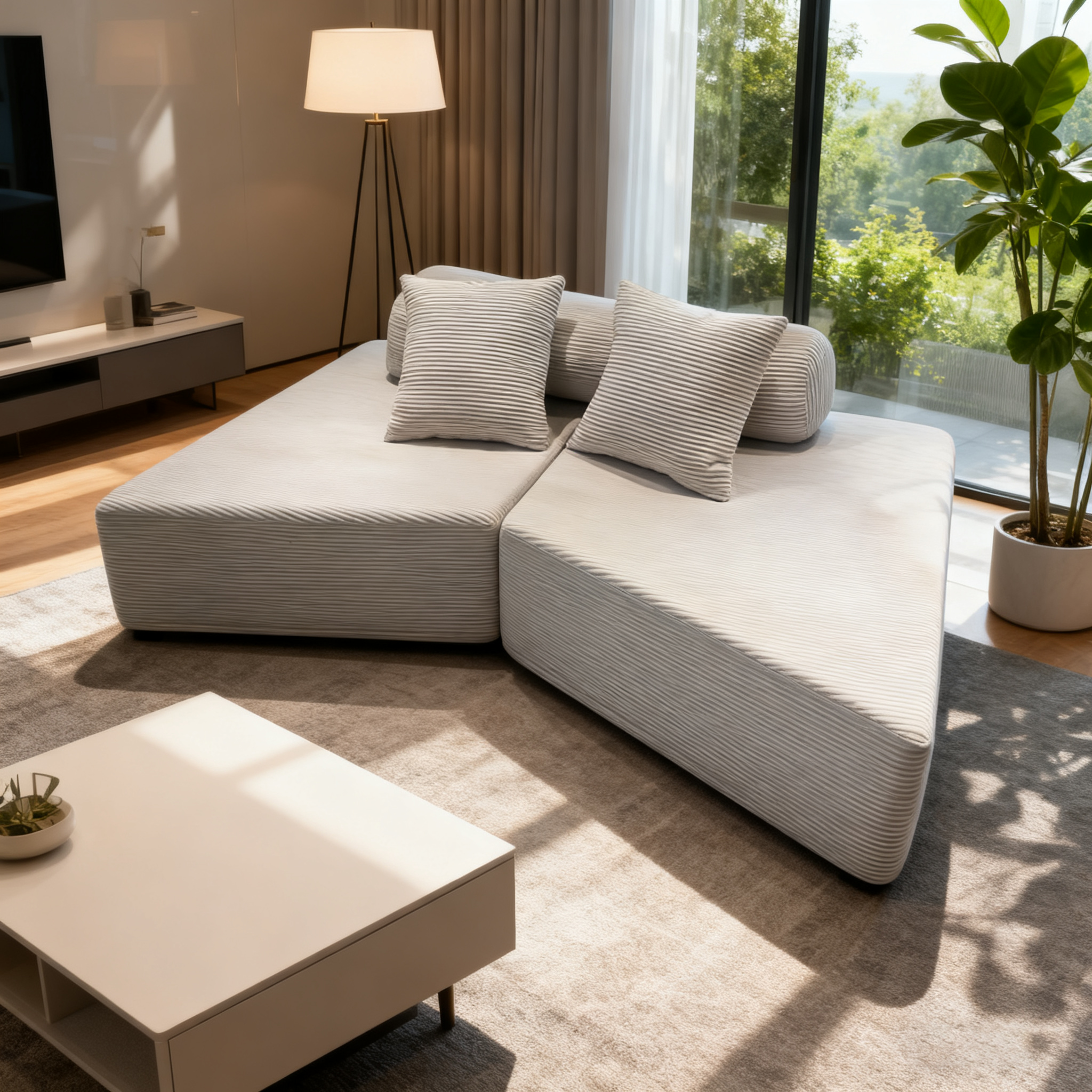 Minimalist Trapezoidal Sectional Compression Sofa - High-Density Rebound Foam Silent Frameless Corduroy Lounge Chair For Living Room Cuvalon