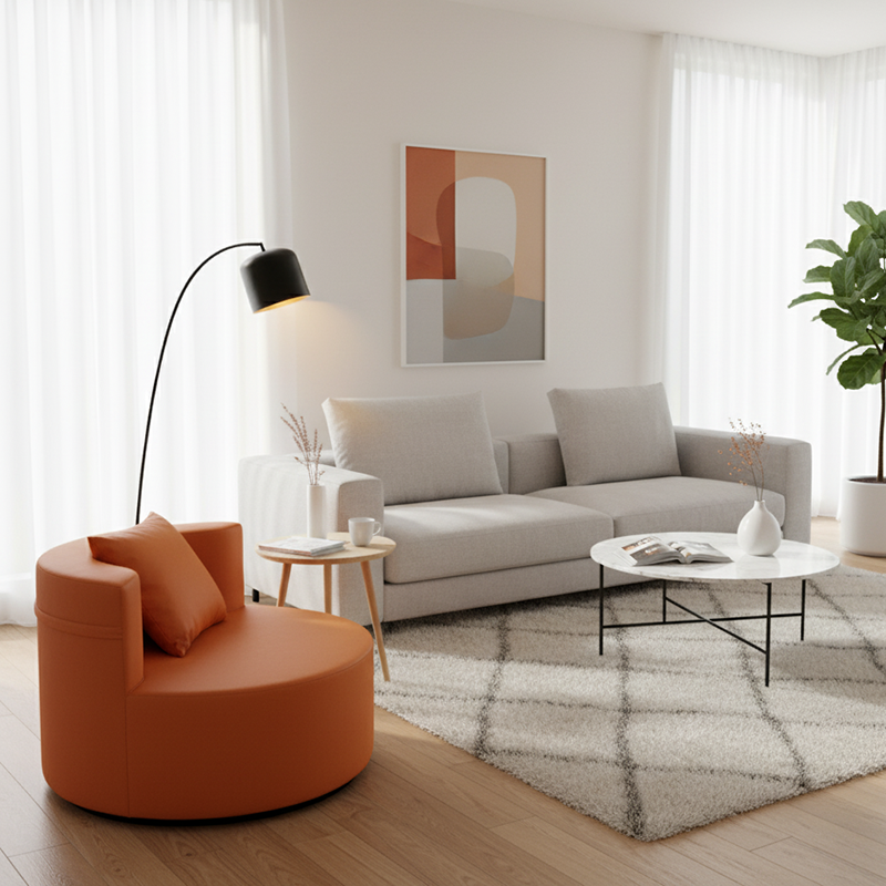 Contemporary Round Leathaire Compressed Sofa - Scandinavian High-Density Sponge Lounge Chair For Living Room Cuvalon