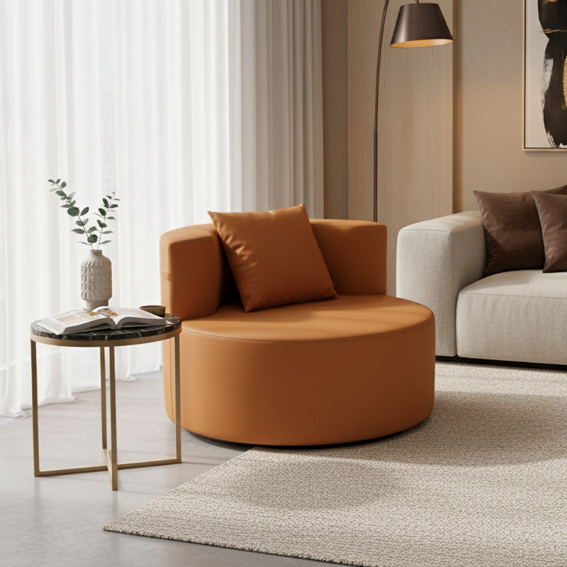 Contemporary Round Leathaire Compressed Sofa - Scandinavian High-Density Sponge Lounge Chair For Living Room Cuvalon