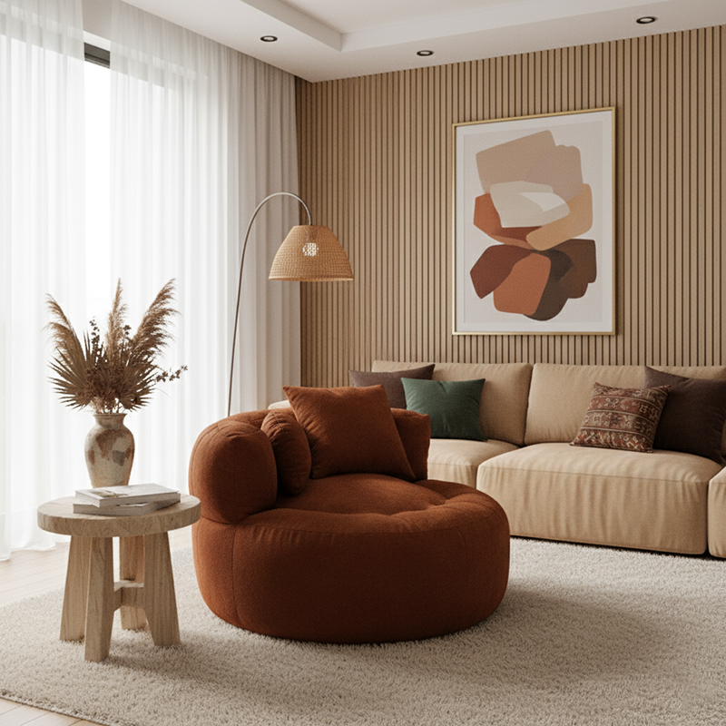 Contemporary Scandinavian Toweling Compressed Single Sofa - Round Circular Accent Chair For Living Room Cuvalon