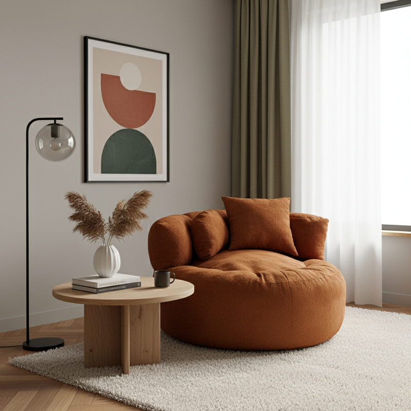 Contemporary Scandinavian Toweling Compressed Single Sofa - Round Circular Accent Chair For Living Room Cuvalon
