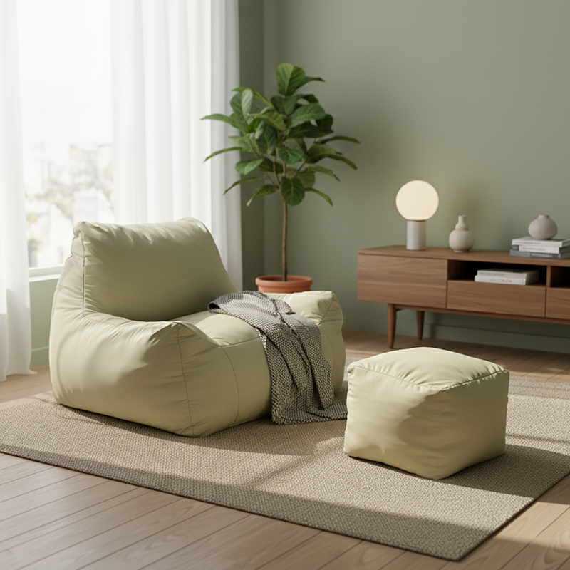 Modern Frameless Leathaire Compressed Sofa - Vacuum Compressed No-Installation Lounge Chair With Footstool For Living Room Cuvalon