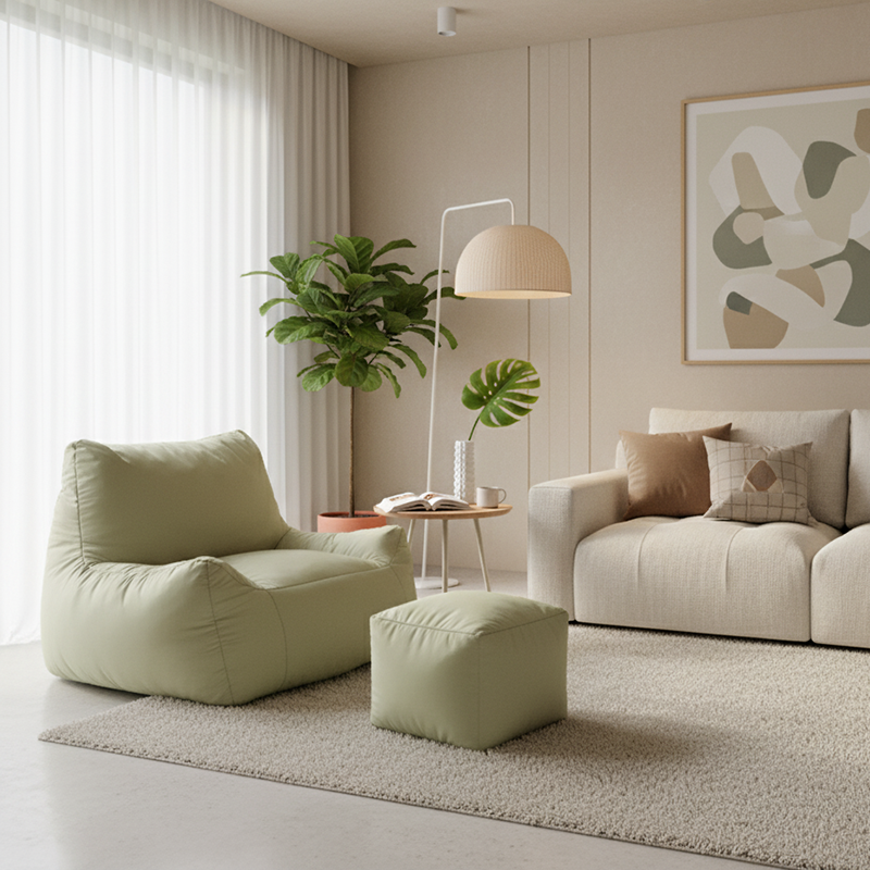 Modern Frameless Leathaire Compressed Sofa - Vacuum Compressed No-Installation Lounge Chair With Footstool For Living Room Cuvalon