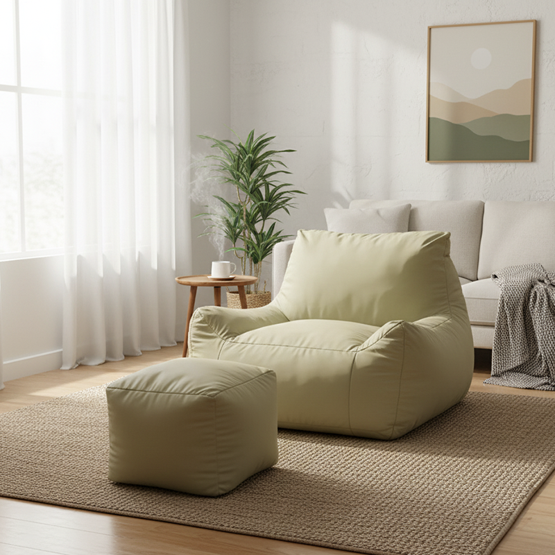 Modern Frameless Leathaire Compressed Sofa - Vacuum Compressed No-Installation Lounge Chair With Footstool For Living Room Cuvalon