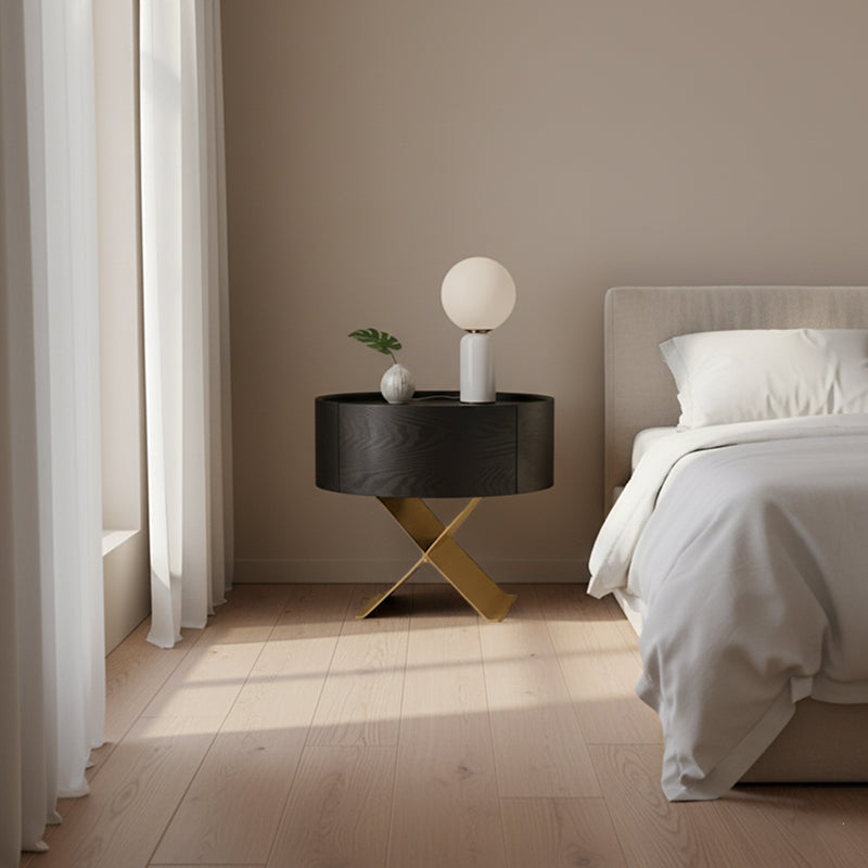 Industrial Smoked Wood Nightstand - Solid Wood Board & Smooth Circular 1-Drawer Bedside Table For Bedroom Cuvalon