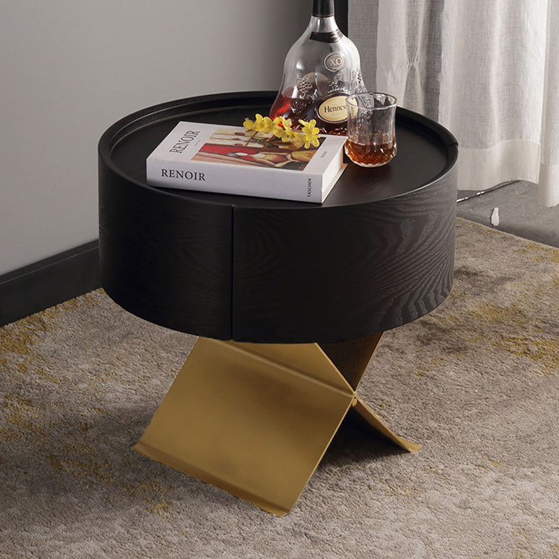 Industrial Smoked Wood Nightstand - Solid Wood Board & Smooth Circular 1-Drawer Bedside Table For Bedroom Cuvalon
