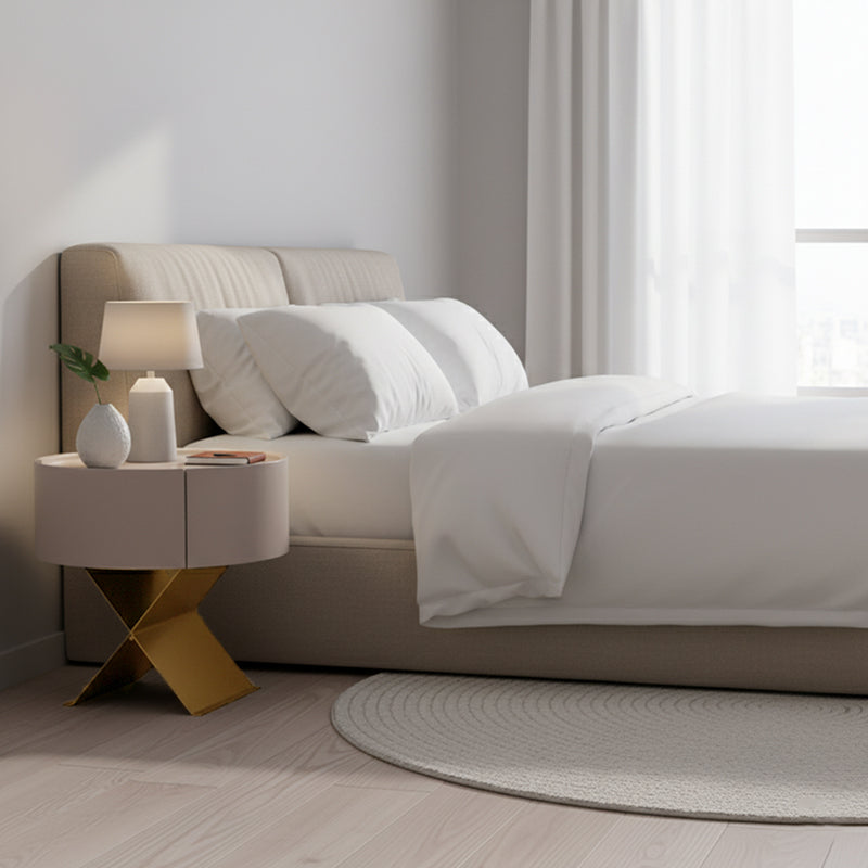 Industrial Smoked Wood Nightstand - Solid Wood Board & Smooth Circular 1-Drawer Bedside Table For Bedroom Cuvalon