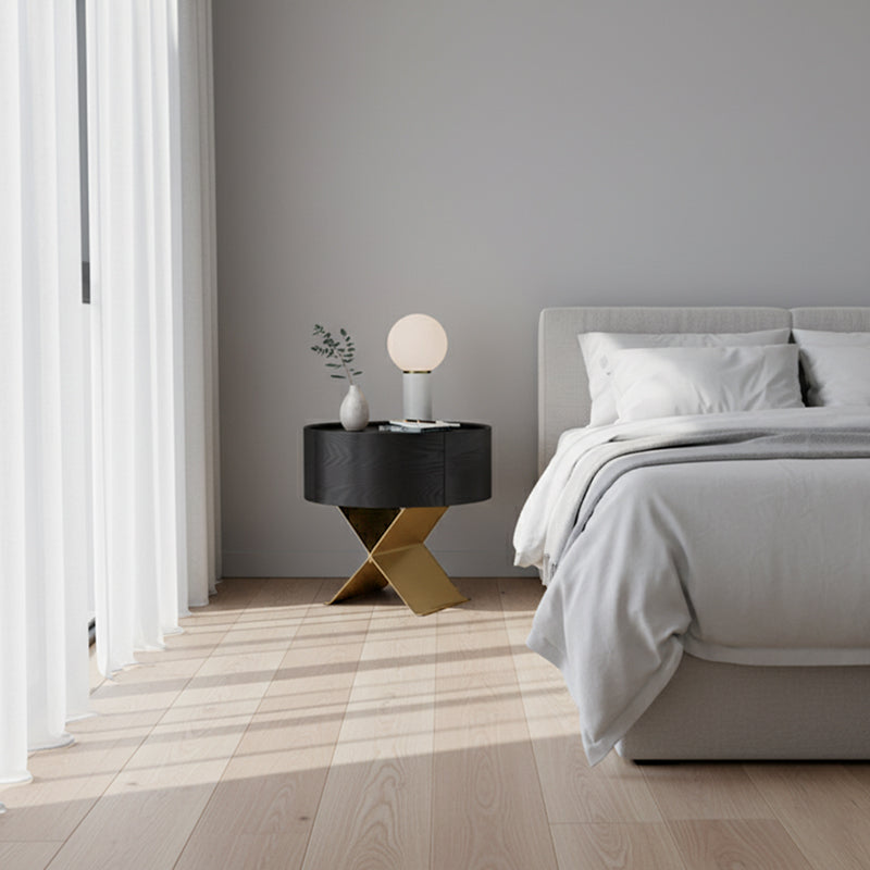 Industrial Smoked Wood Nightstand - Solid Wood Board & Smooth Circular 1-Drawer Bedside Table For Bedroom Cuvalon