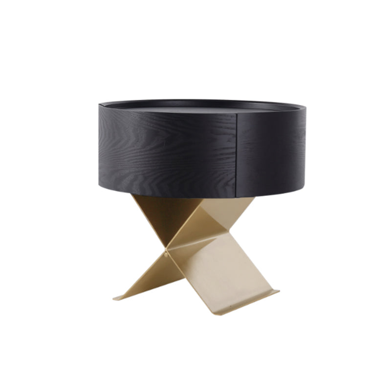 Industrial Smoked Wood Nightstand - Solid Wood Board & Smooth Circular 1-Drawer Bedside Table For Bedroom Cuvalon