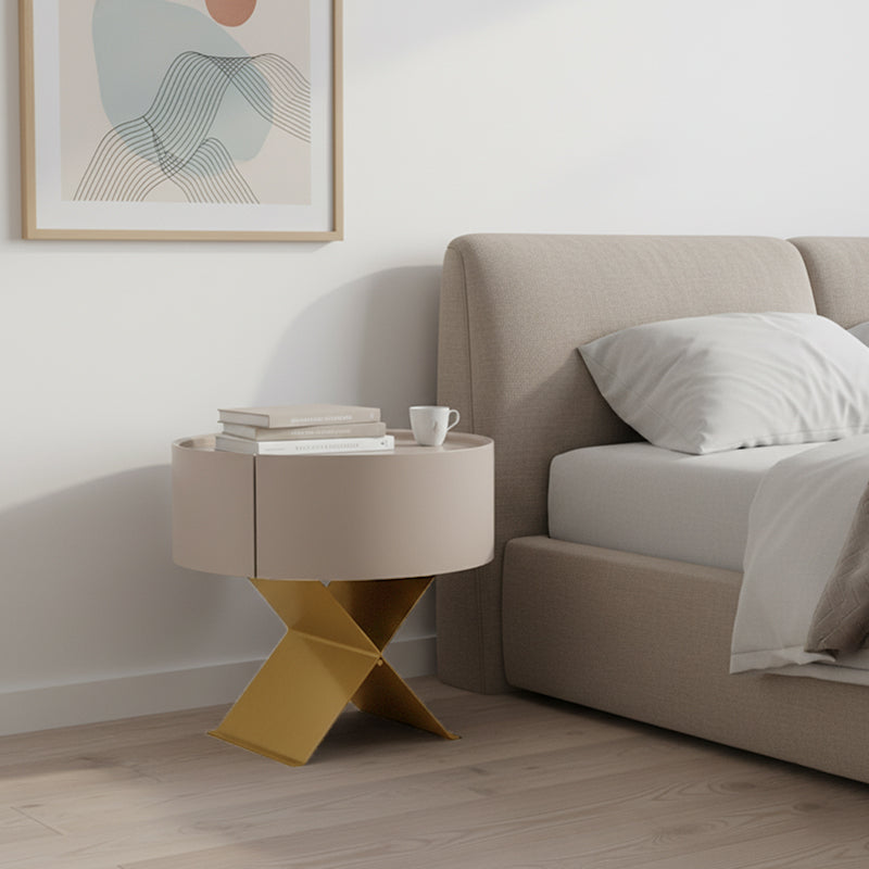 Industrial Smoked Wood Nightstand - Solid Wood Board & Smooth Circular 1-Drawer Bedside Table For Bedroom Cuvalon