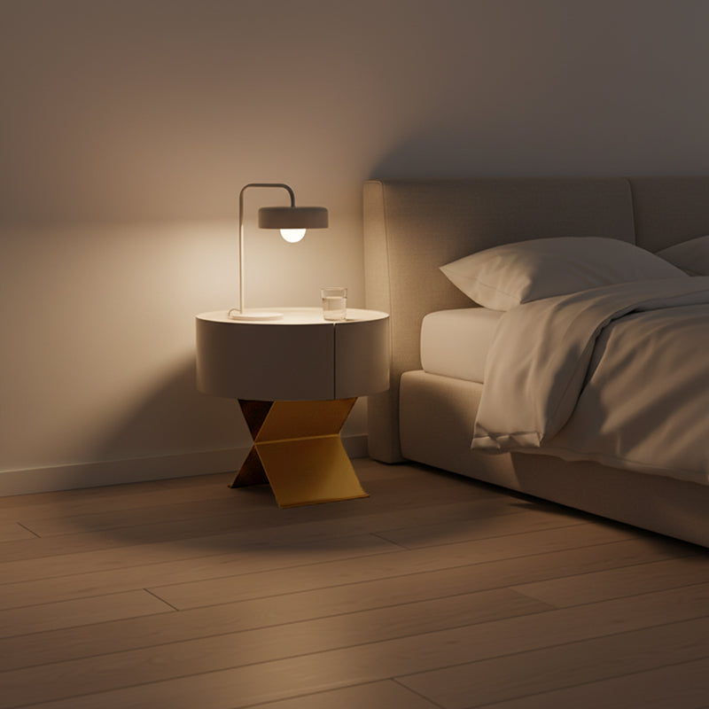 Industrial Smoked Wood Nightstand - Solid Wood Board & Smooth Circular 1-Drawer Bedside Table For Bedroom Cuvalon