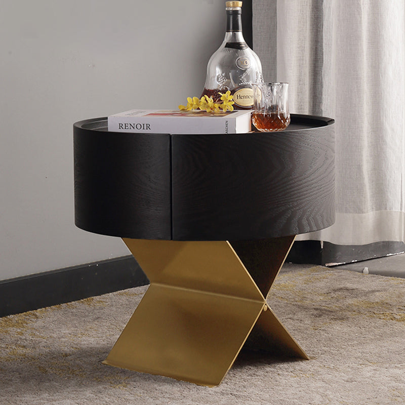 Industrial Smoked Wood Nightstand - Solid Wood Board & Smooth Circular 1-Drawer Bedside Table For Bedroom Cuvalon