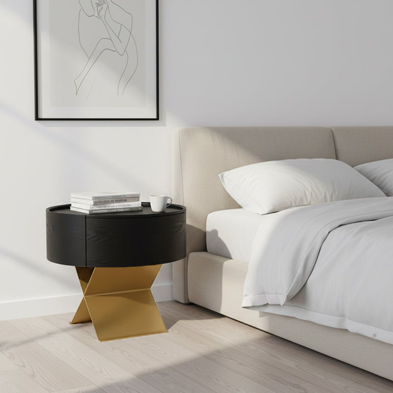 Industrial Smoked Wood Nightstand - Solid Wood Board & Smooth Circular 1-Drawer Bedside Table For Bedroom Cuvalon
