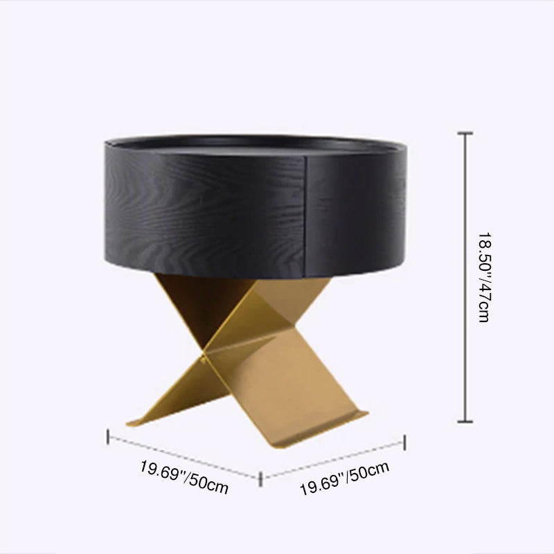 Industrial Smoked Wood Nightstand - Solid Wood Board & Smooth Circular 1-Drawer Bedside Table For Bedroom Cuvalon