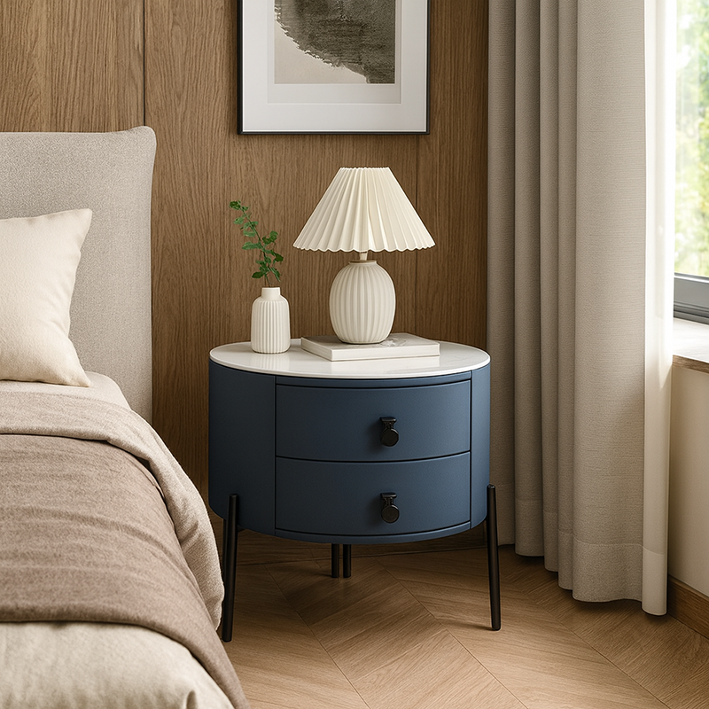 Contemporary Sintered Stone Top Metal Legs Nightstand - 2 Drawers Bedside Cabinet For Bedroom Cuvalon