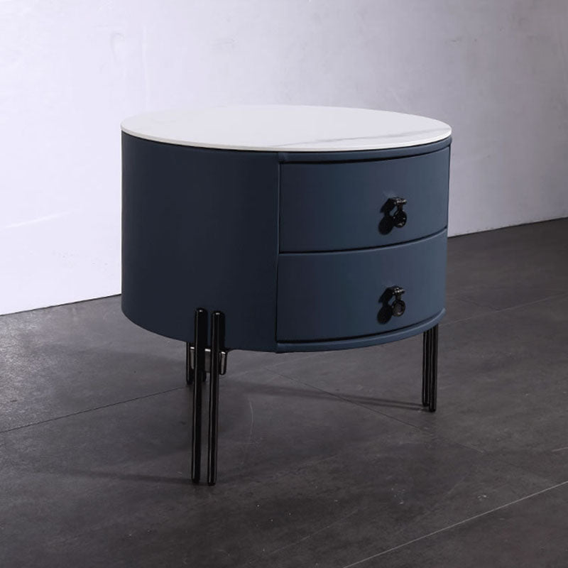 Contemporary Sintered Stone Top Metal Legs Nightstand - 2 Drawers Bedside Cabinet For Bedroom Cuvalon