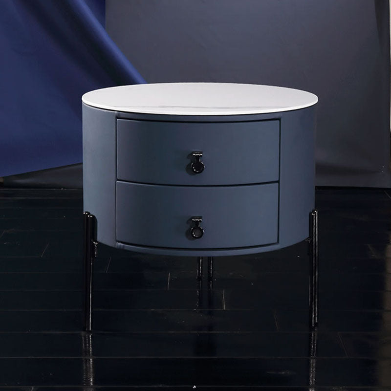 Contemporary Sintered Stone Top Metal Legs Nightstand - 2 Drawers Bedside Cabinet For Bedroom Cuvalon