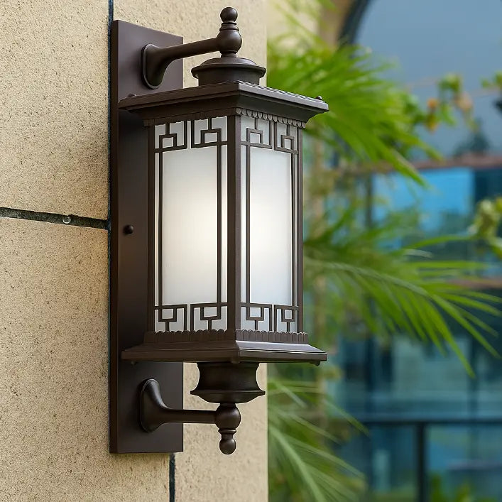 Traditional Chinese Square House Rectangle Glass Aluminum Hardware 1-Light Wall Sconce Lamp For Outdoor Patio Cuvalon