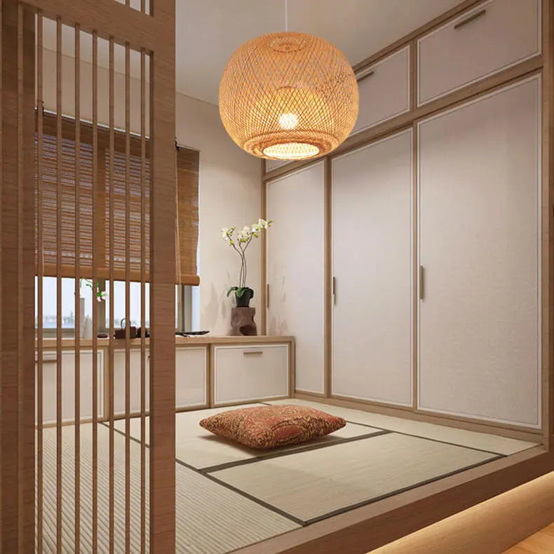 Bamboo Weaving Round Ball Beige 1-Light Japanese Pendant Light Cuvalon