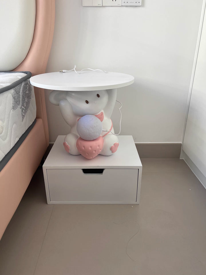 Modern Art Deco Kids Rabbit Round Plate Rectangular Drawer Resin Wood Enamel End Table 1-Drawer With LED Light For Bedroom Cuvalon