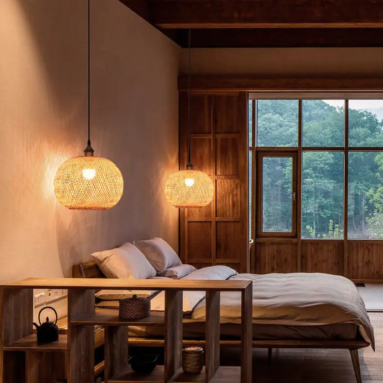 Bamboo Weaving Round Ball Beige 1-Light Japanese Pendant Light Cuvalon