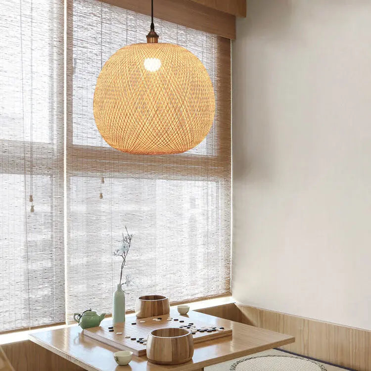 Bamboo Weaving Round Ball Beige 1-Light Japanese Pendant Light Cuvalon