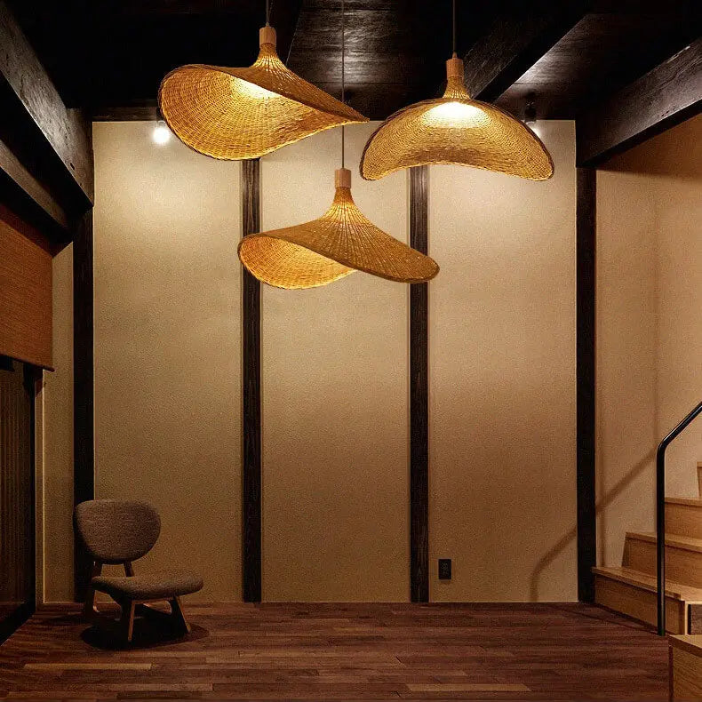 Woven Bamboo 1-Light Straw Hat Pendant Light Cuvalon