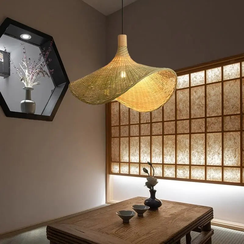 Woven Bamboo 1-Light Straw Hat Pendant Light Cuvalon