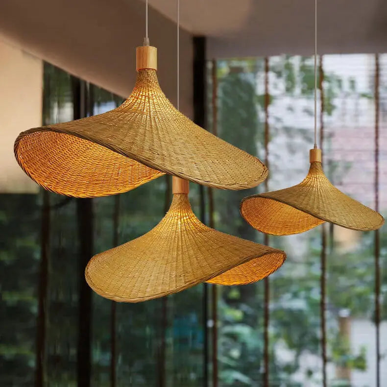 Woven Bamboo 1-Light Straw Hat Pendant Light Cuvalon