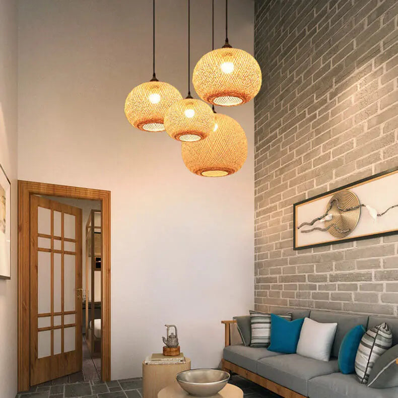 Bamboo Weaving Round Ball Beige 1-Light Japanese Pendant Light Cuvalon