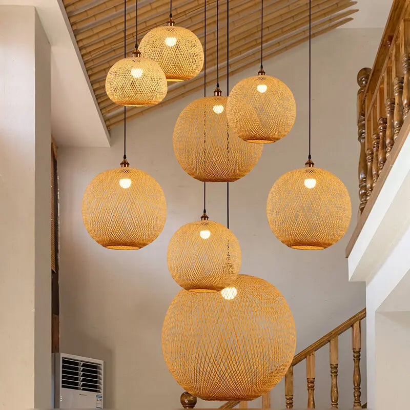 Bamboo Weaving Round Ball Beige 1-Light Japanese Pendant Light Cuvalon