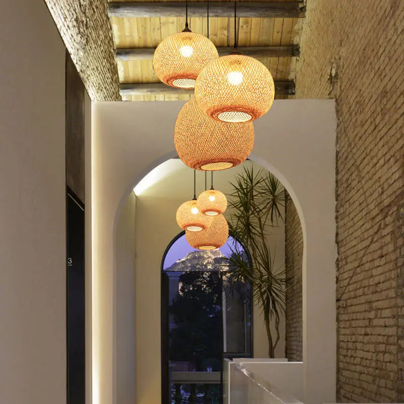 Bamboo Weaving Round Ball Beige 1-Light Japanese Pendant Light Cuvalon