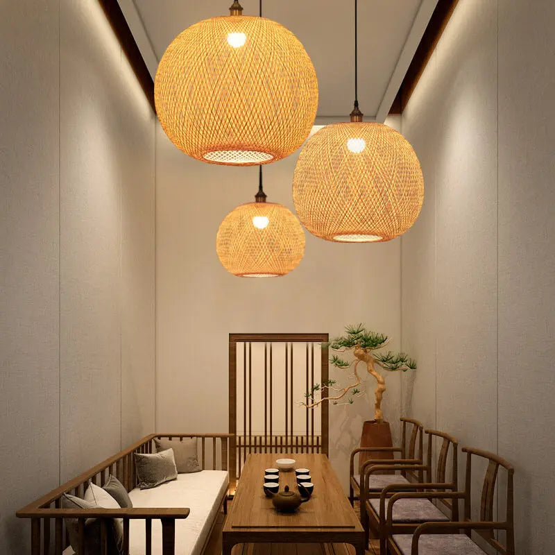 Bamboo Weaving Round Ball Beige 1-Light Japanese Pendant Light Cuvalon