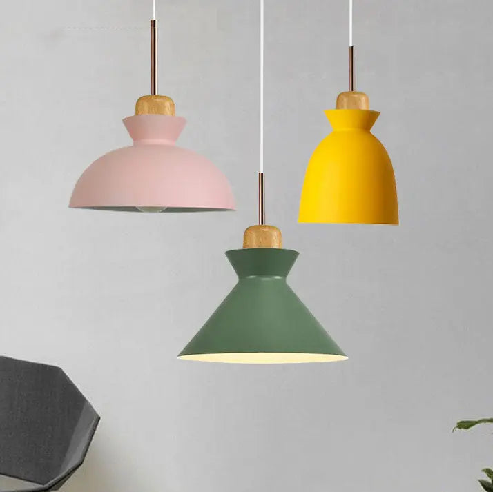 Contemporary Nordic Oak Wood Iron Bell Cone Dome 1-Light Pendant Light For Living Room Cuvalon