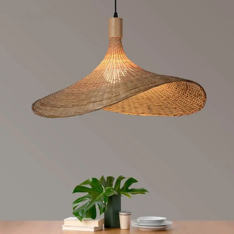 Woven Bamboo 1-Light Straw Hat Pendant Light Cuvalon