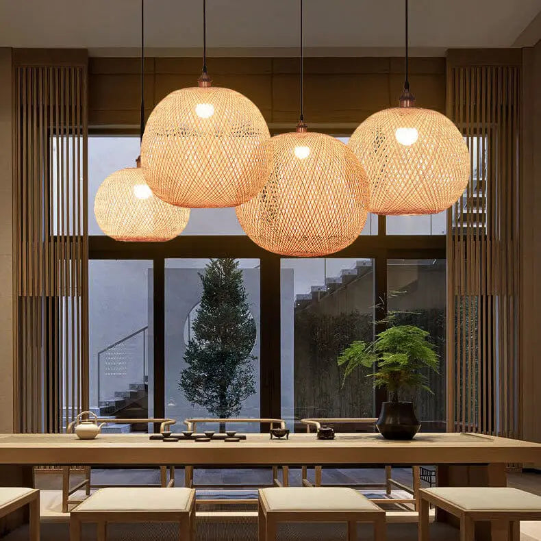 Bamboo Weaving Round Ball Beige 1-Light Japanese Pendant Light Cuvalon