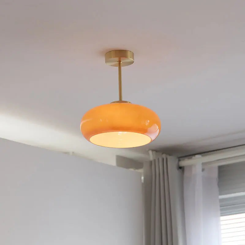 Vintage Brass Yellow Glass 1-Light Semi-Flush Mount Ceiling Light Cuvalon