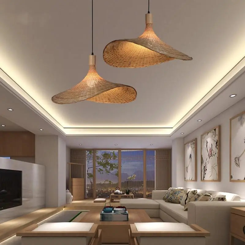 Woven Bamboo 1-Light Straw Hat Pendant Light Cuvalon