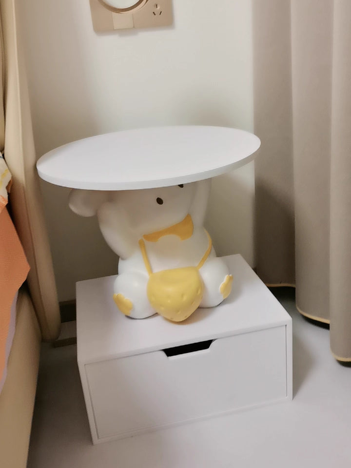 Modern Art Deco Kids Rabbit Round Plate Rectangular Drawer Resin Wood Enamel End Table 1-Drawer With LED Light For Bedroom Cuvalon