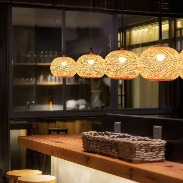 Bamboo Weaving Round Ball Beige 1-Light Japanese Pendant Light Cuvalon