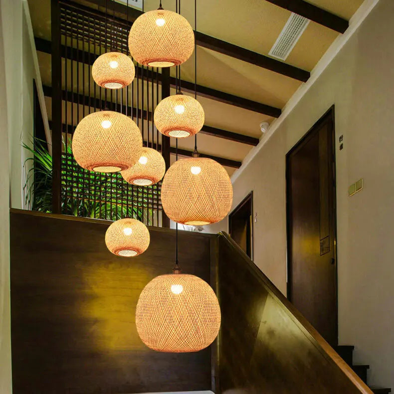 Bamboo Weaving Round Ball Beige 1-Light Japanese Pendant Light Cuvalon