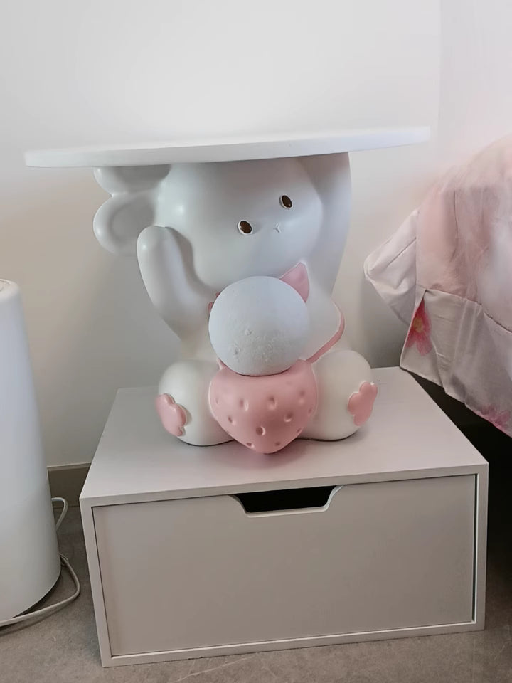 Modern Art Deco Kids Rabbit Round Plate Rectangular Drawer Resin Wood Enamel End Table 1-Drawer With LED Light For Bedroom Cuvalon